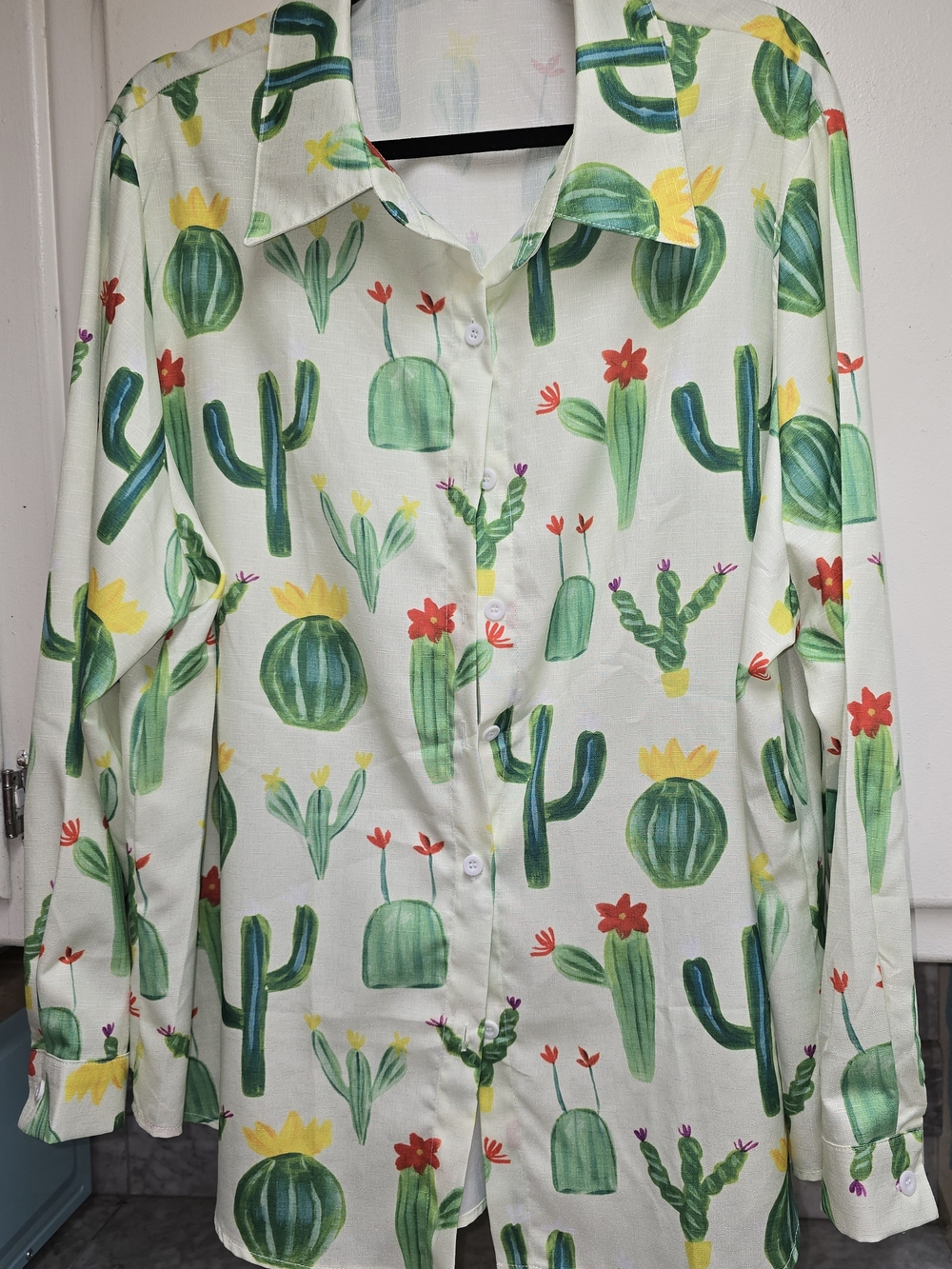 Cactus Print Button-Up Shirt - Green Floral Motif